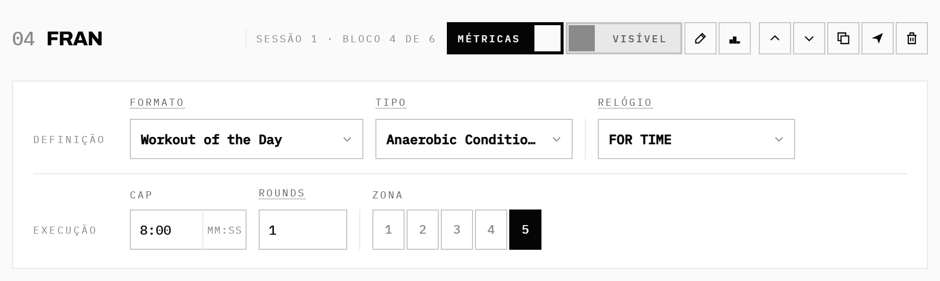 O cabeçalho do bloco: nome, interruptores, ações e as faixas Definição e Execução