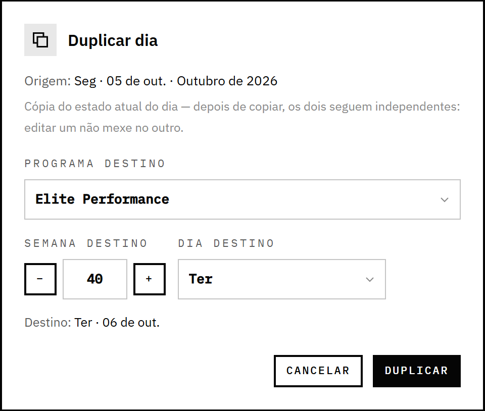 O diálogo Duplicar dia: origem, programa destino, semana e dia de destino