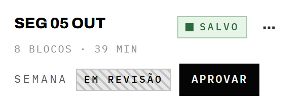 O cabeçalho do dia: data, oito blocos, 39 min, o selo Salvo e a semana Em revisão com o botão Aprovar