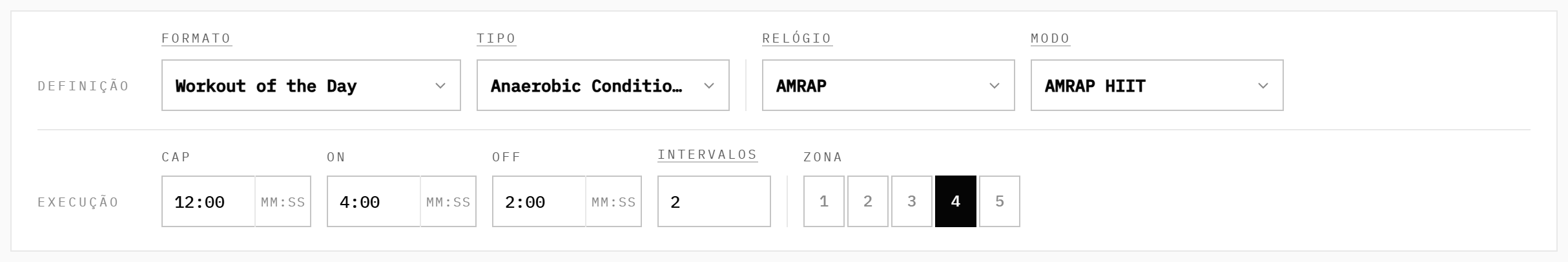 Um AMRAP no modo AMRAP HIIT: Cap, ON, OFF e os Intervalos calculados