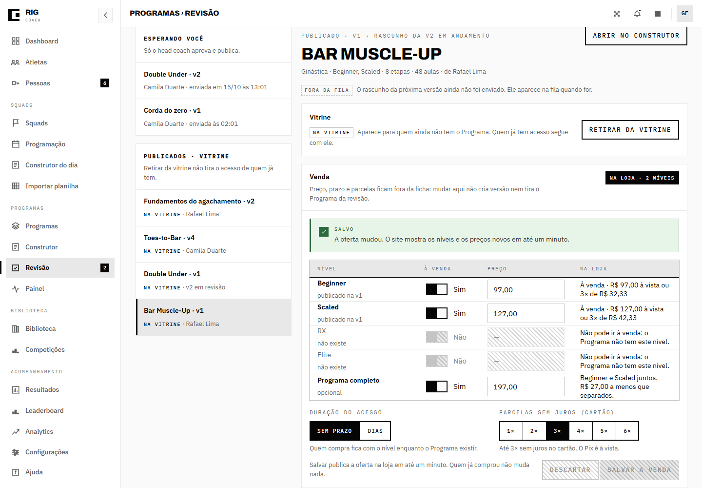 A caixa Venda do Bar Muscle-Up na Revisão: Beginner e Scaled à venda, o Programa completo ligado e 3× sem juros